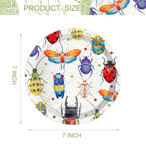 Jajajuegos 7" Bug Paper Plates Celebrate Party Tableware Round Bug Disposable Dinner Paper Plates Set Nature Insect Theme Party Paper Plates Birthday Baby Party Supplies(24 pcs)