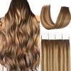 Loxxy Tape in Hair Extensions Seamless Skin Weft Brazilian Natural Remy Thick Human Hair Ombre Chocalate Brown Fading into Chocolate Brown With Strawberry Blonde Highlight R#4-4/27 20pcs 50g 16Inch