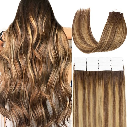 Loxxy Tape in Hair Extensions Seamless Skin Weft Brazilian Natural Remy Thick Human Hair Ombre Chocalate Brown Fading into Chocolate Brown With Strawberry Blonde Highlight R#4-4/27 20pcs 50g 16Inch