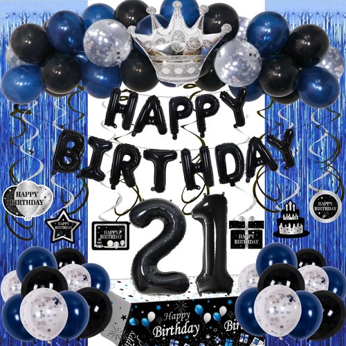 21st Birthday Decorations for Him, Blue Black Happy 21st Birthday Decorations for Men Women 21 Year Old Birthday Balloons Banner, Tablecloth, Fringe Curtains Hanging Swirls 21 Bday Party Decor for Her