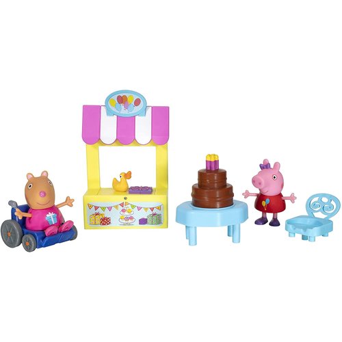 Peppa Pig Perfect Birthday Party Playtime Set Features 2 Character Toy Figures, Incl. Mandy Mouse with Wheelchair, 1 Birthday Surprise Stand, 1 Chocolate Cake Table & 1 Chair Toys for Kids (PEP0751)