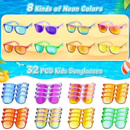 Kids Sunglasses Party Favors - 32 Packs Sunglasses Bulk for Kids with UV400 Protection in Bulk for Boys and Girls，Neon Sunglasses for Kids Birthday Graduation Party Gift