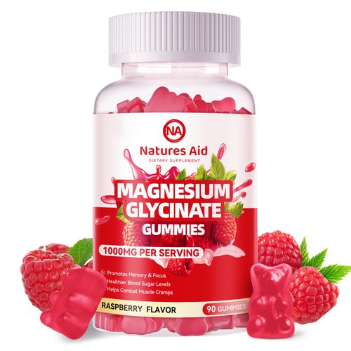 Magnesium Glycinate Gummies 1000mg - Sugar Free Magnesium Potassium Supplement with Vitamin D, B6, CoQ10 for Calm Mood & Sleep Support - 90 Raspberry Gummies.
