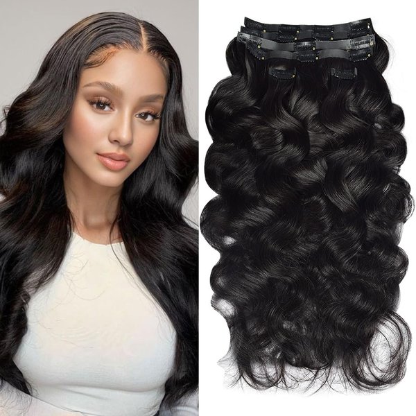 Body Wave Clip in Hair Extensions Real Human Hair Clip ins 100% Brazilian Virgin Hair PU Seamless Clip in Hair Extensions Human Hair Natural Black Hair for Women 120 Gram 6 Pcs 24Inch