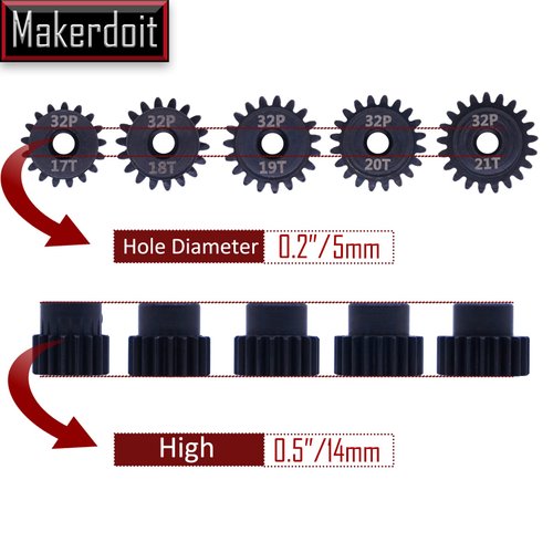 MakerDoIt 32P 5mm Pinion Gear Set 17T 18T 19T 20T 21T with Hex Key for RC