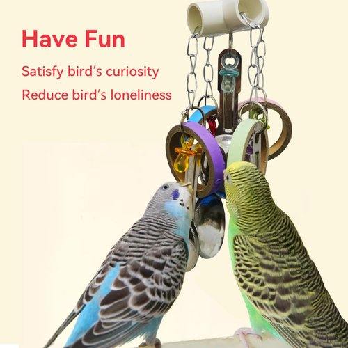 JSLZF Bird Chew Toy for Parrot Durable Conure Scoop and Colorful Cardboard Bagel Toy Cockatiel Stainless Steel Spoon Ring Toy Parrot Cage Hanging Toy for Lovebirds, Parakeet