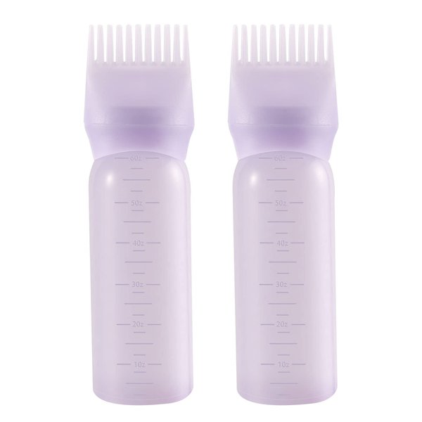 Pimoys Root Comb Applicator Bottle 6 Ounce, 2 Pack Oil Applicator for Hair Dye, Bottle Applicator Brush with Graduated Scale, Purple