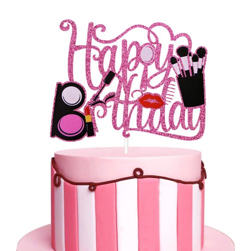 Makeup Happy Birthday Cake Topper, Spa Themed Birthday Party Decorations, Girl Women Bday Dessert Decor Supplies, Makeup Tool Sign, Pink Glitter