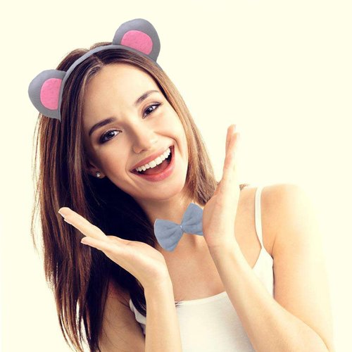 Halloween Mouse Ears Headband Bow Tie Tail Gray Mouse Hair Hoops Bands Women Bowtie Animal Headpiece Hairband Christmas Cosplay Holiday Festival Parade Baby Shower Dress Up Birthday Party Accessories