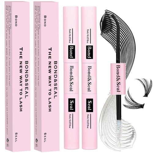Lash Bond and Seal Kit 2Pcs DIY Lash Extension Waterproof Lashe Cluster Glue 72h Hold Portable Individual Lash Glue for Eyelash Extensions Beginners Black Bond&Clear Seal(5ml+5ml）