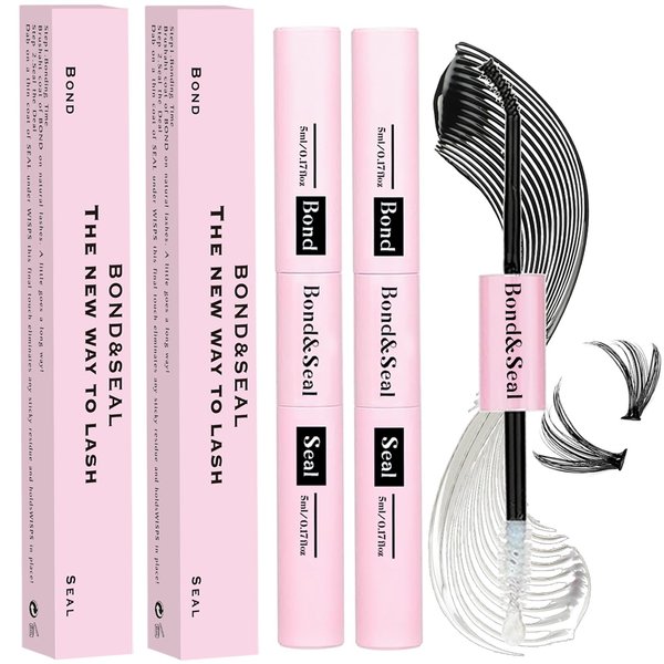 Lash Bond and Seal Kit 2Pcs DIY Lash Extension Waterproof Lashe Cluster Glue 72h Hold Portable Individual Lash Glue for Eyelash Extensions Beginners Black Bond&Clear Seal(5ml+5ml）