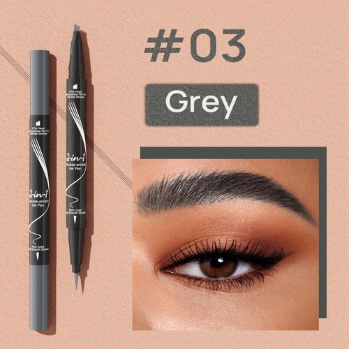 Microblading Eyebrow Pen Brow Pencil Waterproof Eyebrow Pen 2-in-1 Dual-Ended Eyebrow Pencil with 4-Fork Tip & Spoolie Brush for Long-Lasting Hairlike Eyebrow Pen, Grey