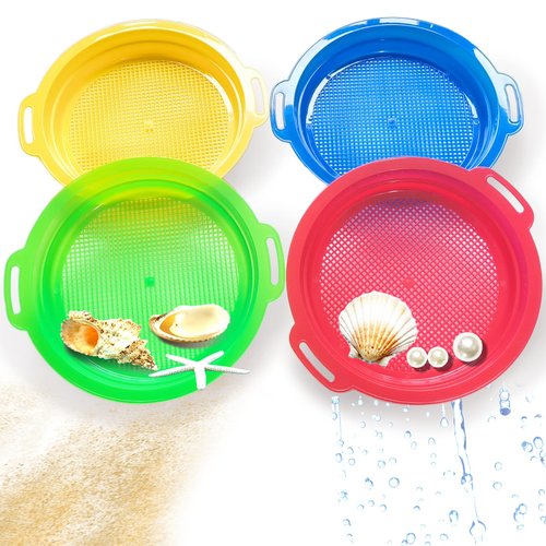 HZJPIN 4 Pack Multicolor Sand Sifter Sieves, Plastic Sand Sifter for Sand and Beach 8.75" x 9.75"(Red, Blue, Yellow & Green)