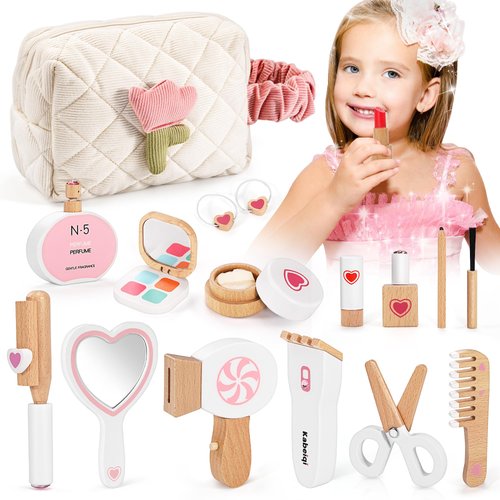 TUSEASY 16-Piece Wooden Makeup Toy Set, Pretend Play Makeup Kit for Toddlers & Little Girls Aged 3-8, Fake Makeup and Beauty Salon Toys, Christmas & Birthday Gifts for Toddler Kids