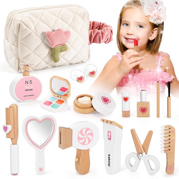 TUSEASY 16-Piece Wooden Makeup Toy Set, Pretend Play Makeup Kit for Toddlers & Little Girls Aged 3-8, Fake Makeup and Beauty Salon Toys, Christmas & Birthday Gifts for Toddler Kids