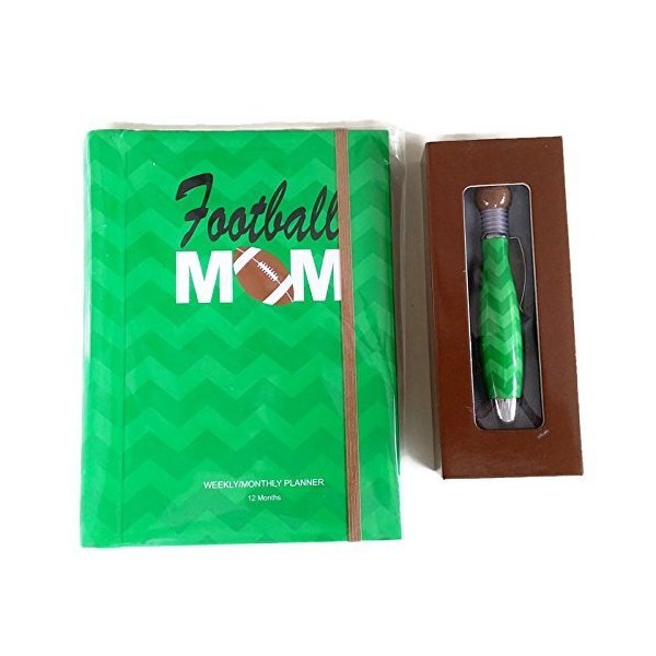 Football Mom Weekly/Monthly Planner and Bubble Pen Gift Set Bundle - 2 Items - Green Chevron with Brown Accents