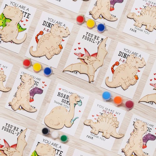 GOGREENWOVEN Dinosaur Party Favors - 24 PCS Dinosaur Birthday Party Supplies - Dinosaur Cards with Wood Painting Crafts Bulk - Thank You for Coming Gifts for Kids Boys Girls Toddler