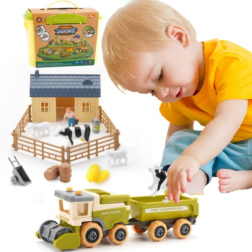 Eaciilee Sandbox Toys - Combine Harvester Truck Toy with Trailer - Farm Sand Box Toys Vehicle with Farm Animal Cows, Lambs, Outdoor Beach and Sand Toy Trucks - Gifts for Boys Girls Kids