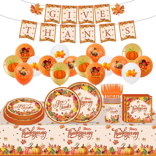 Airoads 118 Pcs Thanksgiving Party Supplies Pumpkin Thanksgiving Dinnerware Set Includes Banners Tablecloth Paper Plates with Napkins Cups Latex Balloons for Fall Harvest Party Decorations Serve 20