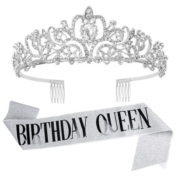 KICOSY Birthday Crown for Women Birthday Sash and Crown Silver Birthday Decorations Crystal Tiara and Birthday Queen Sash Party Favor Gifts for Women and Girls Hair Accessories