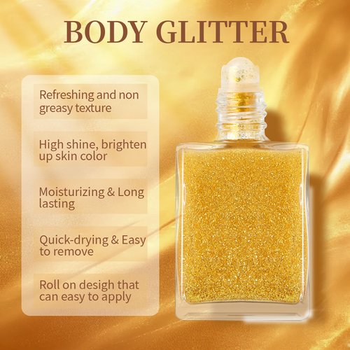 HOSAILY Sparkle Roll on Body Glitter Mermaid Makeup, Waterproof Moisturizing Long Lasting Face Glitter, Quick-Drying Non-Greasy Body Shimmer for Festival Rave Party Accessories Halloween Makeup#Gold