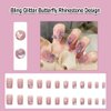 ANDGING Light Pink Press on Nails Coffin Short Medium Ombre Glue on Nails with Bling Glitter Butterfly Rhinestone Design Fake Nails for Wedding Acrylic False Nails Manicure Stick on Nail with Glue