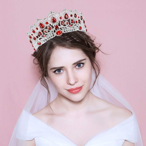 Baroque Crown Women Luxurious Crystal Rhinestone Bridal Tiara Princess Headpieces Girls Bridal Bride Tiara Princess Birthday Wedding Pageant Party with Combs (Silver-Red)