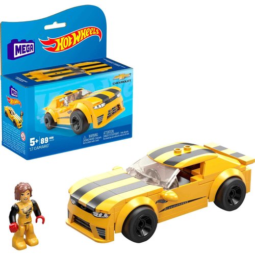 MEGA Hot Wheels Building Toy Race Car Playset, 17 Camaro with 89 Pieces, 1 Micro Action Figure Driver, Yellow, Kids Age 5+ Years