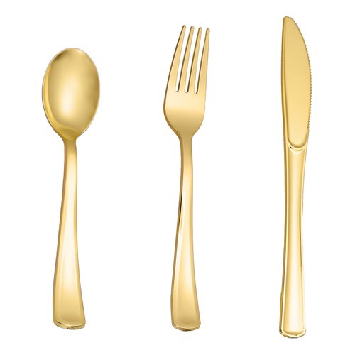 N9R 60pcs Gold Plastic Silverware - Gold Plastic Cutlery Set Disposable Flatware Dinnerware -30 Gold Forks, 15 Gold Spoons, 15 Gold Knives for Party, Birthday, Wedding Gold Utensils
