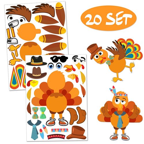 Make-A-Turkey Stickers Thanksgiving Party Games/Favors/Supplies for Kids Crafts - 20 Set