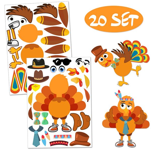 Make-A-Turkey Stickers Thanksgiving Party Games/Favors/Supplies for Kids Crafts - 20 Set