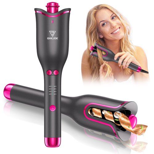 GHKJOK Automatic Curling Iron for Women Long Hair Rotating Automatic Curling Wand 1”Ceramic Barrel & 4 Temps & 3 Timers Auto Rotate Hair Curler Portable Fast Heating Easy to Use