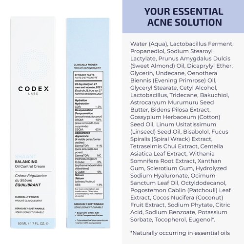 Codex Labs Shaant Balancing Face Cream - Plant Retinol Alternative & Oil Control - For Acne Prone Skin, All Skin Types - With 1% Bakuchiol, Ashwagandha - Cruelty-Free, Vegan Skincare (50ml)