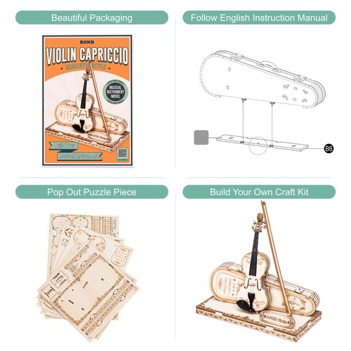 ROKR Wooden 3D Puzzles for Adults Violin, Musical Instrument Model Kit 3D Puzzles for Teens and Kids to Build, Desk Decor/DIY Hobbies/Gifts for Family and Friends (Violin)