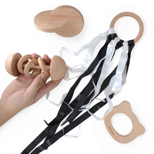 Shumee Wooden Multi-Stage Montessori Rattle & Teether 4 PCs Gift Set- Dumbell Shaped Rattle, Connecting Disc, Bear Teether, Teething Ring | Sensory Toy | Gifts for Newborns
