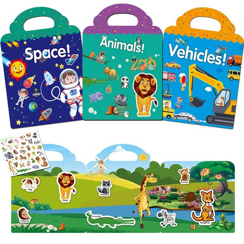 3 Pack Reusable Sticker Books for Toddlers 2-4 Years, Sticker Books for Kids 1-3, Birthday Gifts for Kids Toddler Boys Girls Travel Toys (Animals+Space+Vehicles)