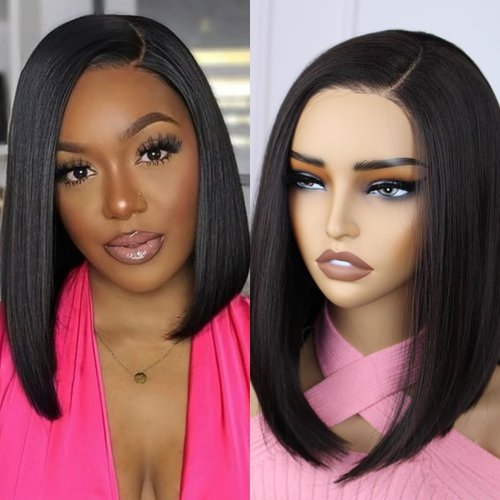 AISOM 14" Wear and Go Glueless Wigs 6x5 Bob Wig 180% Bob Glueless Wigs Pre-Cut Lace Wigs Pre Plucked with Elastic Bands Natural Hairline with Baby Hair Premium Fiber & Remy Human Hair Blended Lace wig