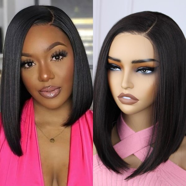 AISOM 14" Wear and Go Glueless Wigs 6x5 Bob Wig 180% Bob Glueless Wigs Pre-Cut Lace Wigs Pre Plucked with Elastic Bands Natural Hairline with Baby Hair Premium Fiber & Remy Human Hair Blended Lace wig