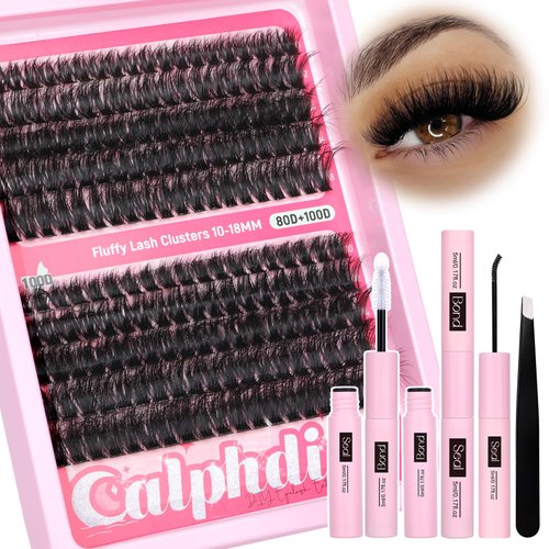 calphdiar Fluffy Lash Clusters Kit Thick Lash Extension Kit 80D+100D Eyelash Clusters D Curl Individual Lashes Clusters 10-18mm with Waterproof Lash Bond and Seal DIY Cluster Eyelash Extensions