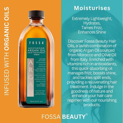 Fossa Argan Oil for Hair | Moisturising Hair Treatment | Lightweight Argan Hair Oil Tames Frizz, Adds Shine, Reduces Damage and Controls Split Ends for All Hair Types | 100ml, 3.4 fl. oz.