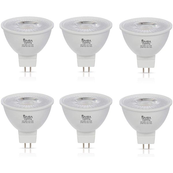 Simba Lighting LED MR16 3.5W 12V Light Bulb (6 Pack) 20W Halogen Spotlight Replacement for Landscape, Accent, Track Lights, Desk Lamps, BAB C, GU5.3 Bipin Base, 2700K Warm White, Not Dimmable