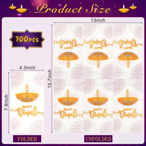 100 Pcs Happy Diwali Paper Napkins Decorations, Diwali Deepawali Festival of Lights Decorative Paper Napkins, Disposable Cocktail Napkins for Diwali Light Festival Indian Party Supplies Decorations