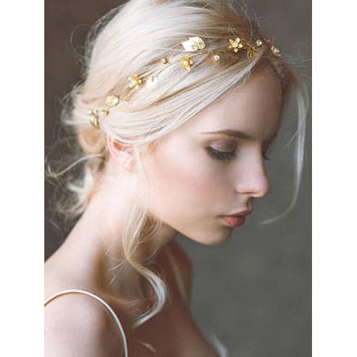 E EMZHOLE Bride Wedding Rhinestone Hair Vine Bridal Gold Leaf Pearl and Crystal Beads Bridal Hair Vine Hair Piece Crystal Headband Hair Accessories for Women and Girls
