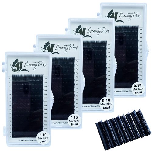 BeautyPros Professional Eyelash Extension Kit – Curl B,C,D,J & M - Volume Lash Extensions - Eyelash Extensions Supplies Mix Tray (8-16mm) - 0.03,0.05,0.07,0.015, 0.20mm Thickness -Black (M-Curl - 0.15mm)