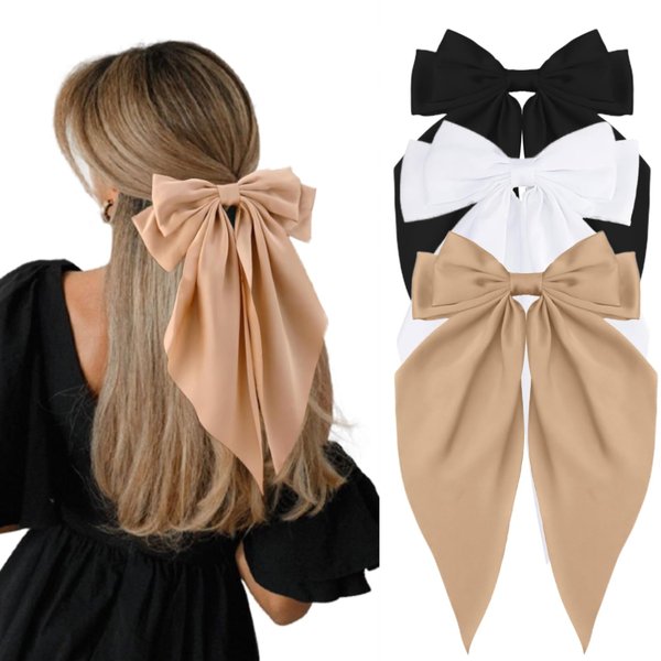 RSWETE 3Pcs Big Bow Hair Clips, Silky Satin Hair Bow Barrettes Long Tail Hair Ribbon Accessories Elegant Hair Bows for Women Girls (White & Black & Kaqi)