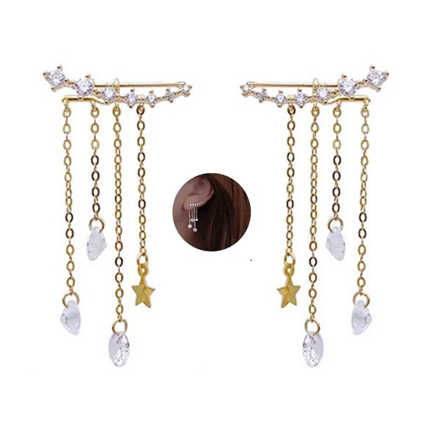 Yheakne Boho Star Ear Jacket Earrings Silver Cz Star Ear Climber Earrings Crystal Chain Tassel Earrings Crystal Ear Crawler Long Chain Earrings Jewelry for Women Gifts (Silver)