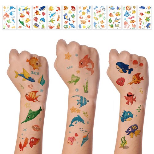 10 Sheets Ocean Animal Temporary Tattoos for Kids,Safe and Waterproof Sea Creature Tattoos Stickers,Under the Sea Animal Fake Tattoos for Boys Girls Ocean Birthday Party Favors Goodie Bag Fillers