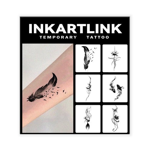 INKARTLINK 6 Sheets Temporary Tattoos, Semi-Permanent Tattoo, Fake tattoos, 1-2 Weeks Tattoo, For the Mature and Elegant Women, Ink Wash Feather Tattoos Temporary.
