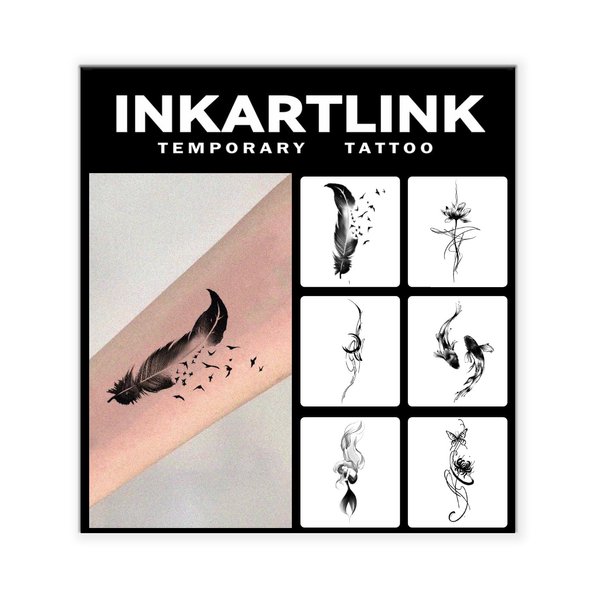 INKARTLINK 6 Sheets Temporary Tattoos, Semi-Permanent Tattoo, Fake tattoos, 1-2 Weeks Tattoo, For the Mature and Elegant Women, Ink Wash Feather Tattoos Temporary.