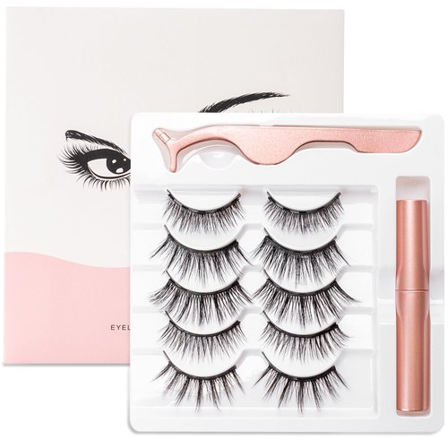 Magnetic Eyelashes Kit - 5 Pairs 3D 5D Reusable Lashes, 1 Tubes Magnetic Eyeliner, 1 Tweezers (5 pairs of thick styles)